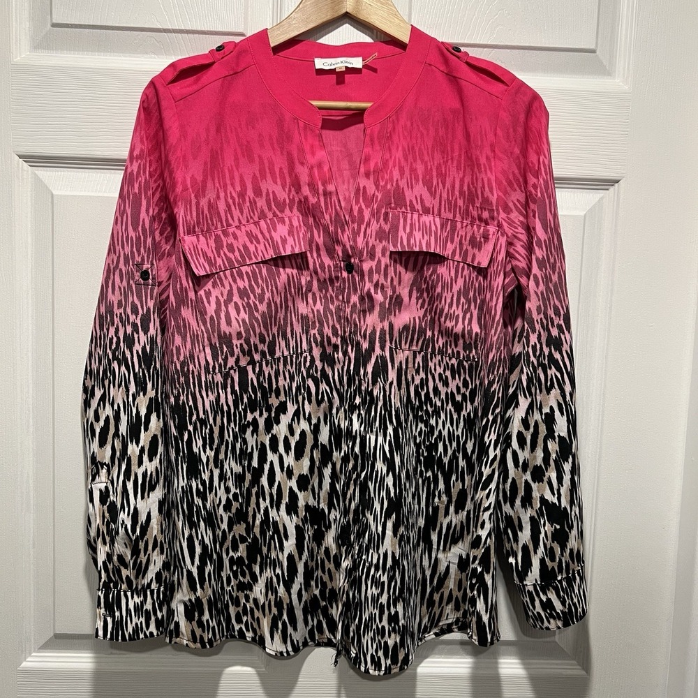 Calvin Klein Popover Top Pink Ombre Animal Print Roll Tab Sleeves Size Medium